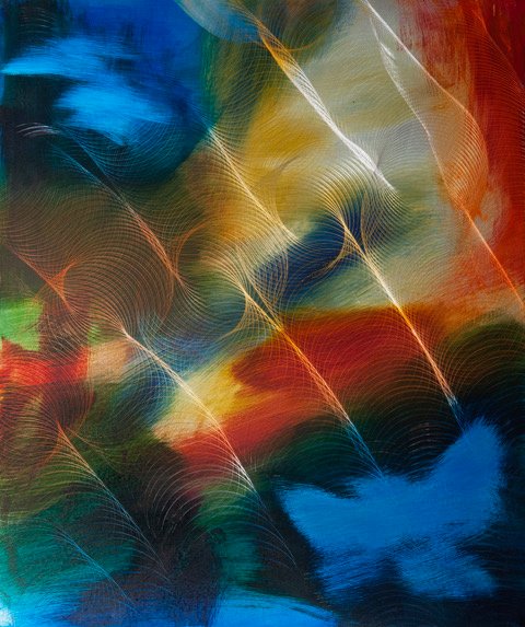 Marco Cassarà, secret corner, 2024, olio e abrasioni su lamiera zincata, 655x545cm