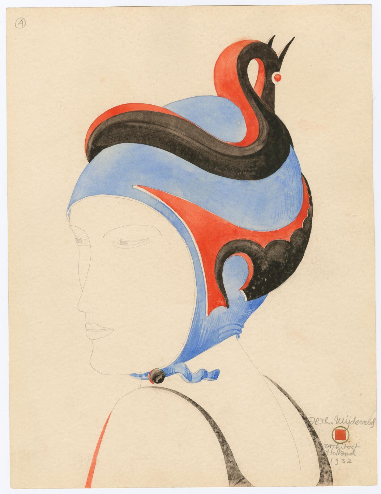 Hendricus Theodorus Wijdeveld, Ontwerptekening badmuts nr. 4 (Design drawing swim cap no 4), 1932, watercolour, pencil, paper, 325 x 249 mm. Copyright: Collection Nieuwe Instituut/ WIJD, 846-4