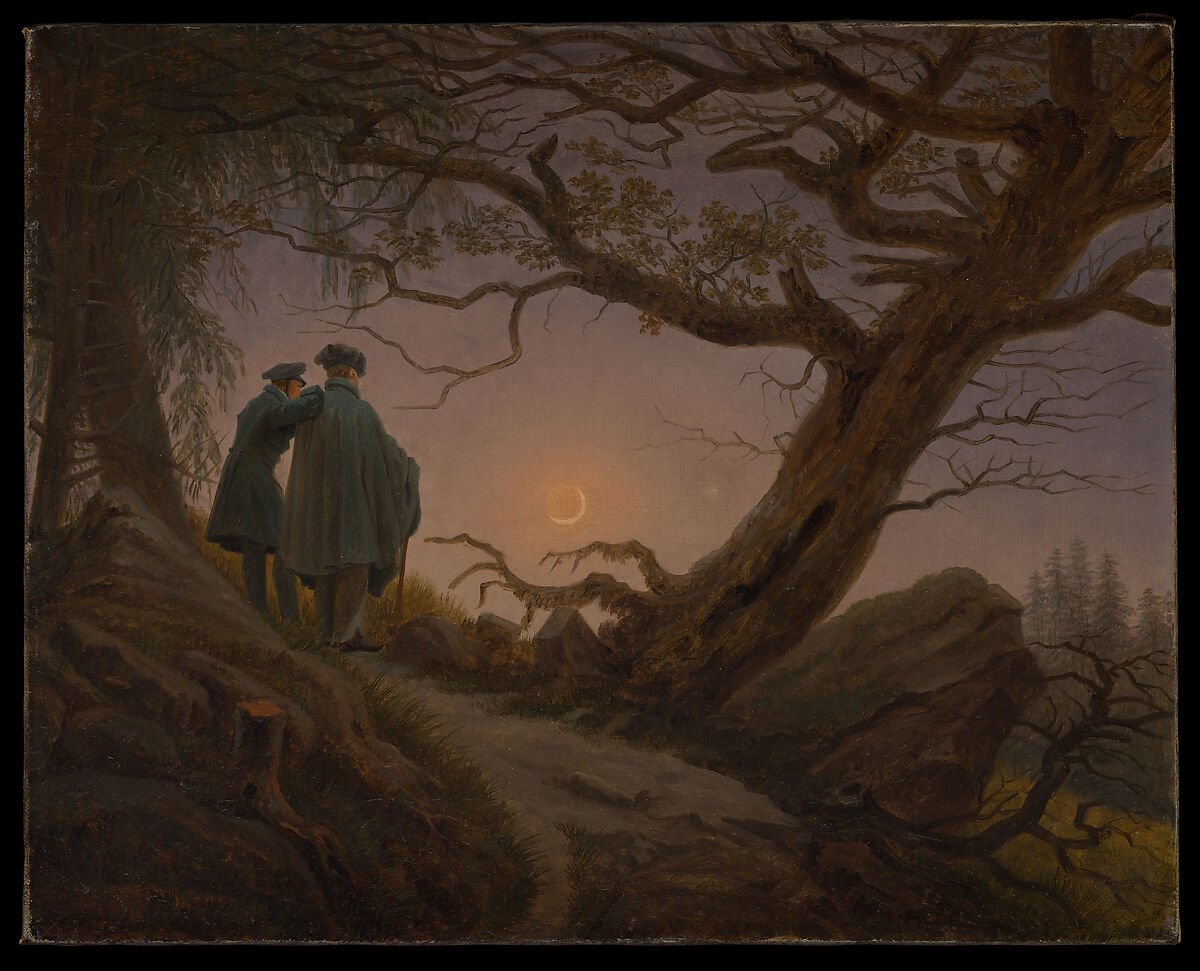 Due uomini che contemplano la luna, Caspar David Friedrich, 1825-30 circa, olio su tela, 13 3/4 x 17 1/4 pollici (34,9 x 43,8 cm)