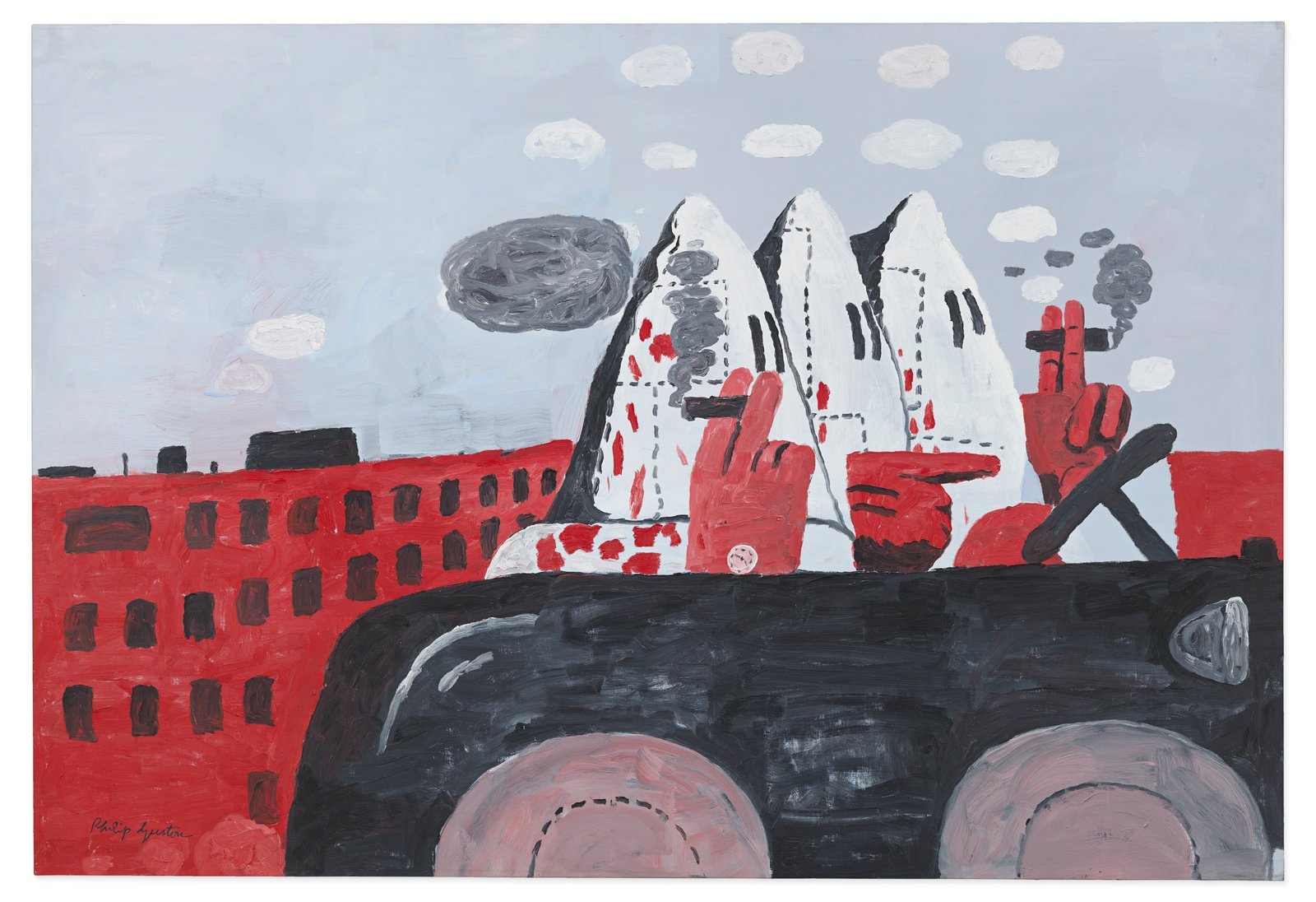 Philip Guston, Riding Around, 1969, oil on canvas, 54 x 79 inches (137.2 x 200.7 cm). Metropolitan Museum of Art, New York, promised gift of Musa Mayer © Property of Philip Guston