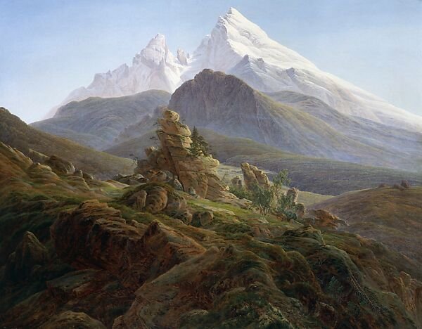 Il Watzmann, Caspar David Friedrich, 1824-25, olio su tela, 53 1/8 × 66 15/16 pollici (135 × 170 cm), Nationalgalerie, Staaliche Museen zu Berlin.