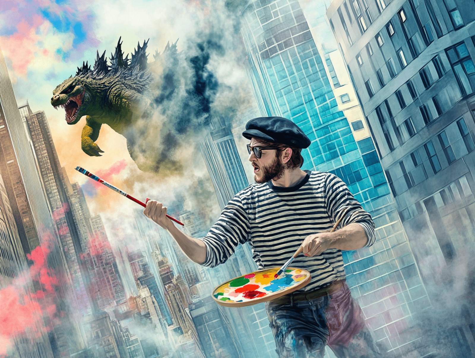 Luca Rossi, Painter and Godzilla, image created with artificial intelligence.