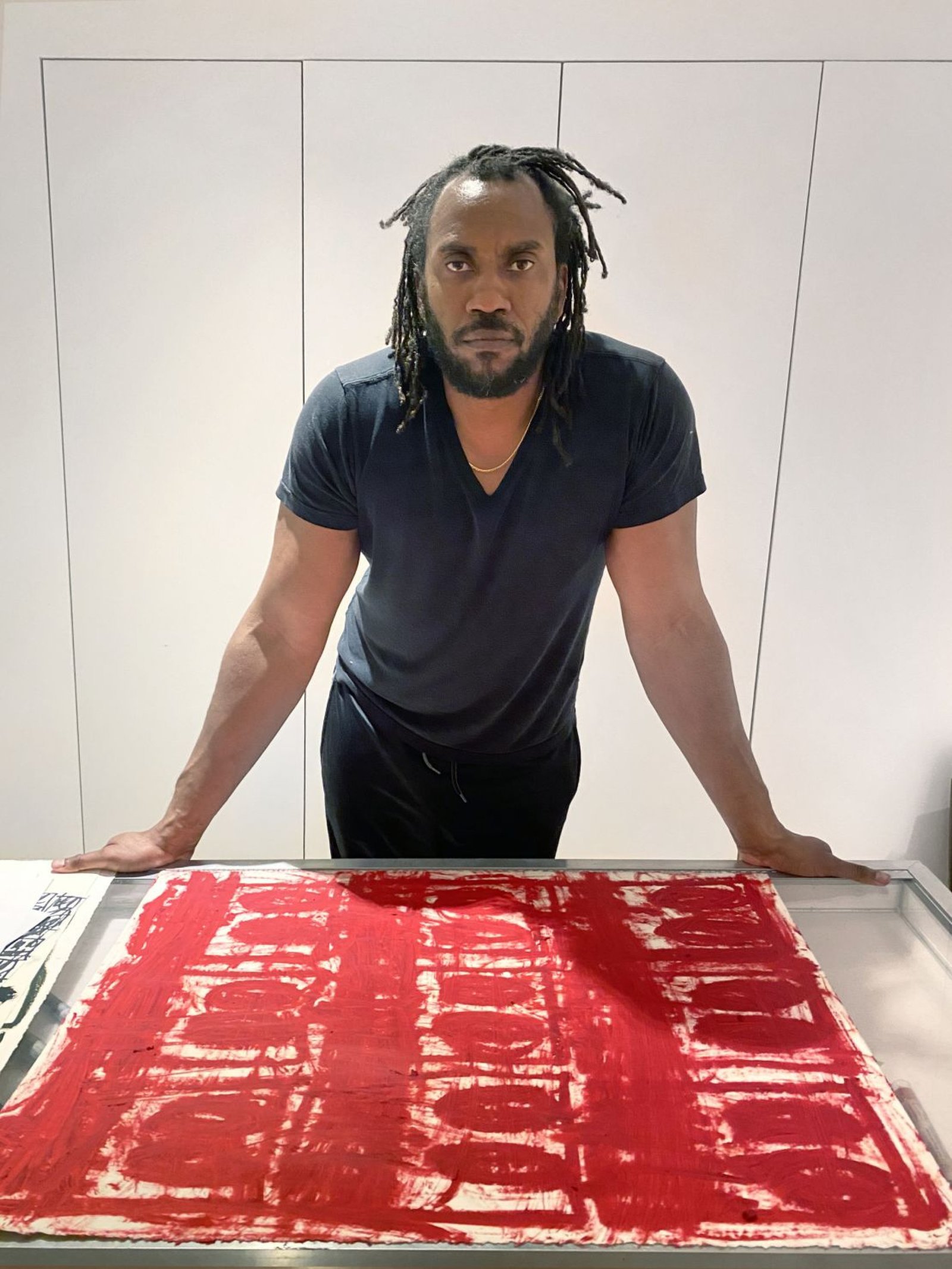 Rashid Johnson with his work ‘Anxious Red Painting December 18th’, 2020
